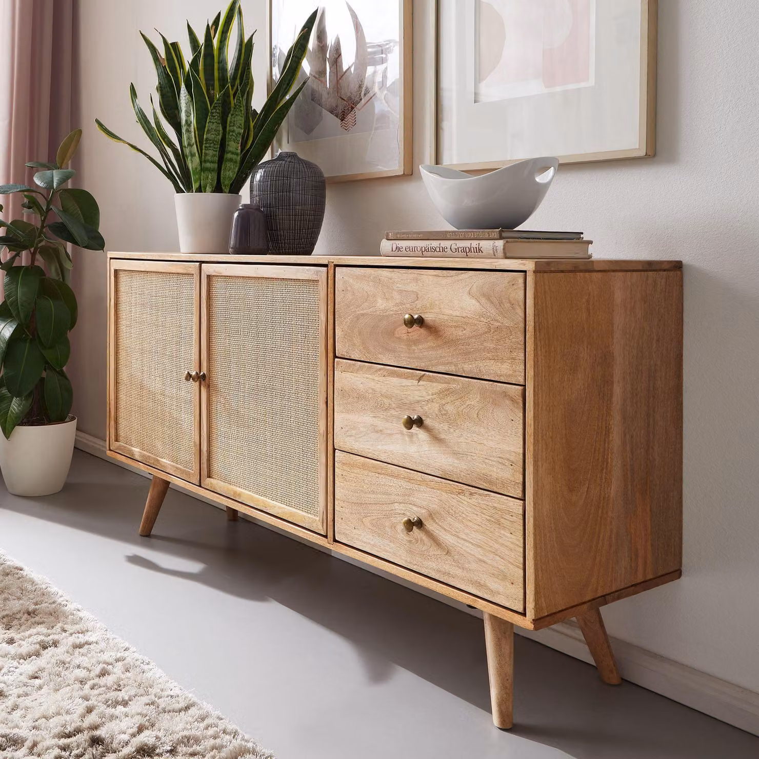 FineBuy Credenza in legno massiccio di mango 140 cm 2 ante e 3 cassetti - Solida cassettiera retrò con vimini viennesi - Credenza naturale di design - Fatta a mano