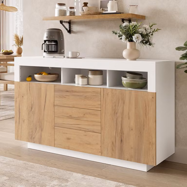 Mobile contenitore Flieks con 3 cassetti e 2 ante, armadietto, mobiletto contenitore 140x40x85 cm, aspetto legno naturale e bianco