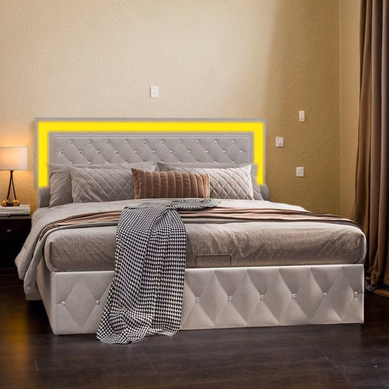 Letto imbottito Fortuna Lai 160x200cm letto matrimoniale contenitore con testata regolabile in altezza, con illuminazione LED e rete a doghe, velluto, beige