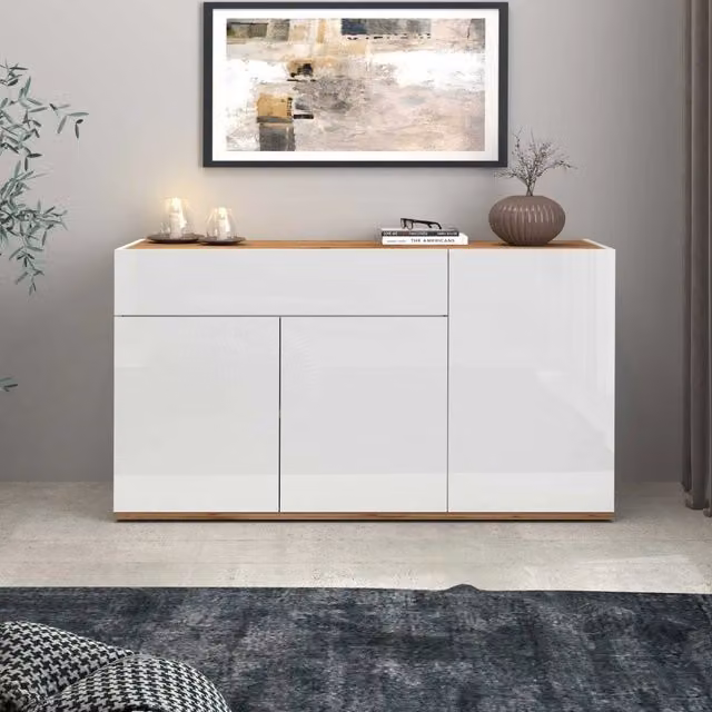 WHOUS Credenza Garda 3 ante e 1 cassetto bianco lucido e rovere 120,1x35x70 cm