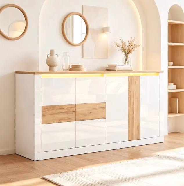 Credenza 140 x 35 x 70 cm in MDF con 4 ante; LED RGB e controllo tramite app e voce; bianco e effetto rovere
