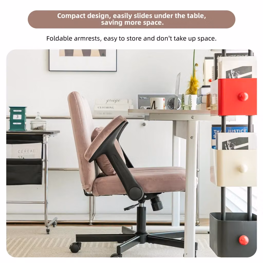 Sedia da ufficio girevole a 360 gradi con braccioli e ruote silenziose in tessuto rosa, altezza regolabile, H 66 x L 60 x P 16 cm – 2