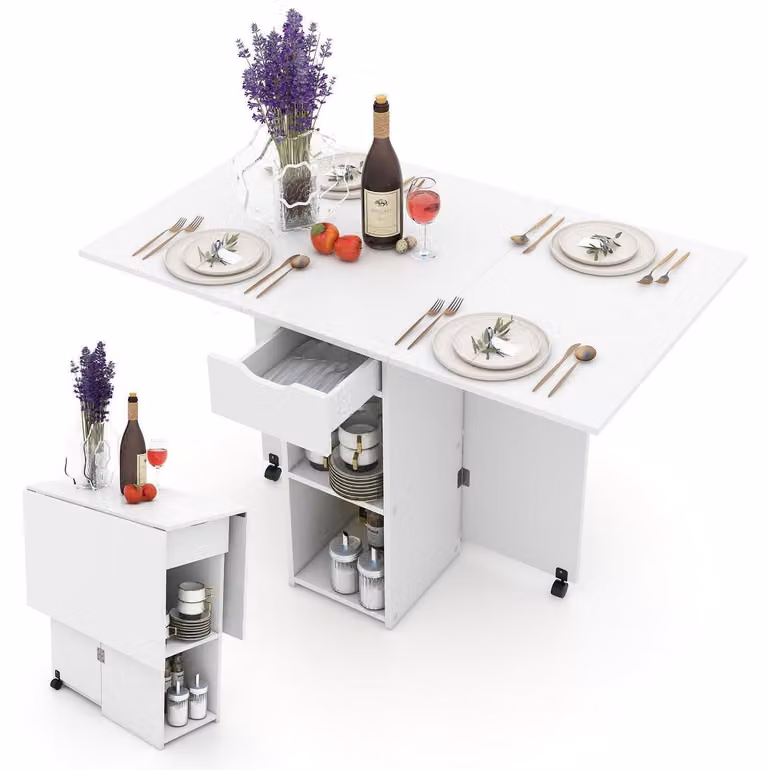 Tavolino pieghevole con ruote, 1 cassetto, 2 ripiani, dimensioni 120x72x75 cm, colore bianco