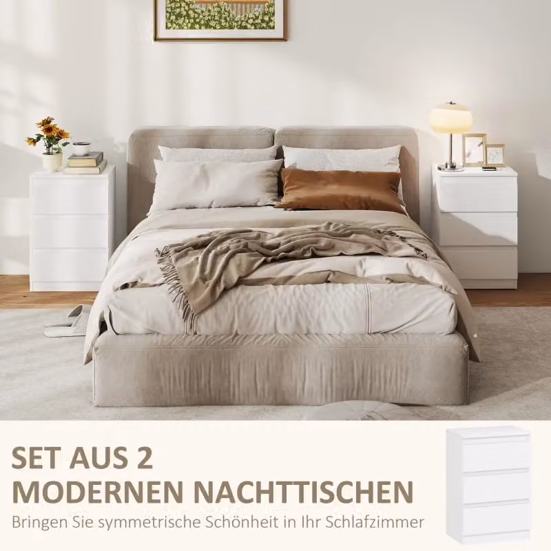 Coppia di comodini OKWISH con 3 cassetti in MDF design senza maniglie per camera da letto, bianco, L/P/H: 40 x 30 x 59,5 cm – 2