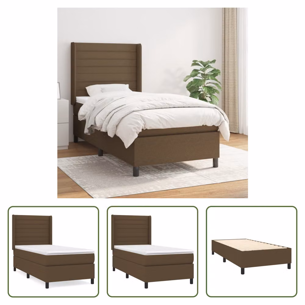 The Living Store Letto a molle con materasso marrone scuro 90x190 cm in tessuto