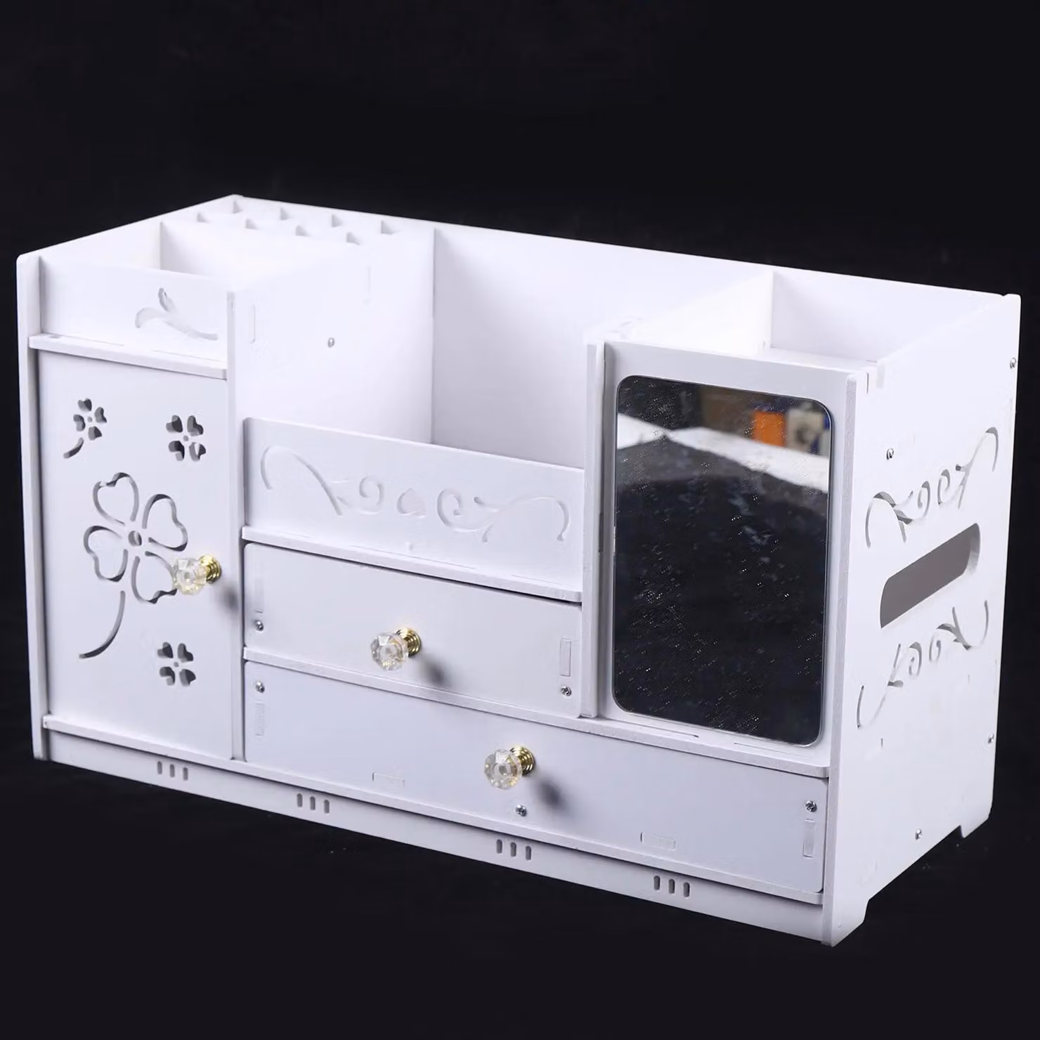 Porta cosmetici - Organizer per trucchi - Con cassetti - Specchio - Portapennelli - Compatto PVC - Per scrivania/toeletta - Bianco