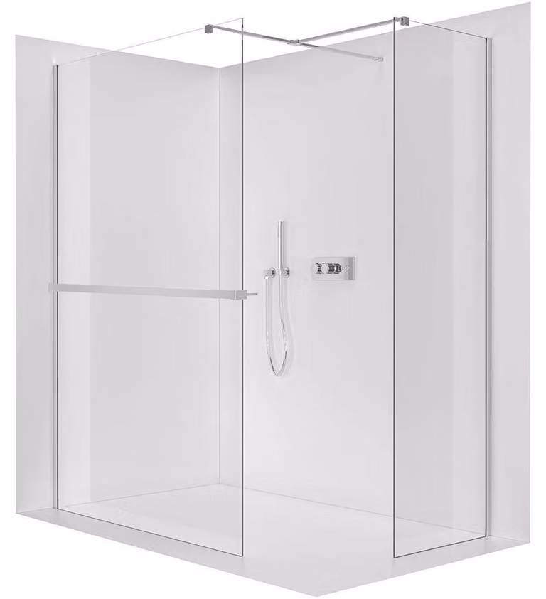 Pannello doccia angolare Walk-in Onyx T L/P - 8 mm - profilo quadrato + ripiano/portasciugamani - cromato, vetro trasparente - 100x70x200 cm