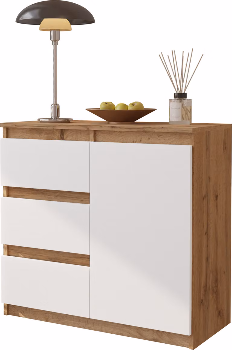 FURNICA - MIKEL - Cassettiera / credenza con 3 cassetti e 1 anta - rovere Wotan / bianco opaco H75cm L80cm P35cm