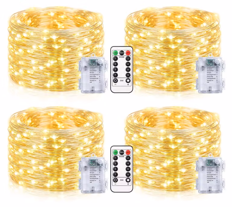 Catena luminosa a LED, 10 metri, 100 LED, luce bianco caldo, set da 4, alimentazione a batteria