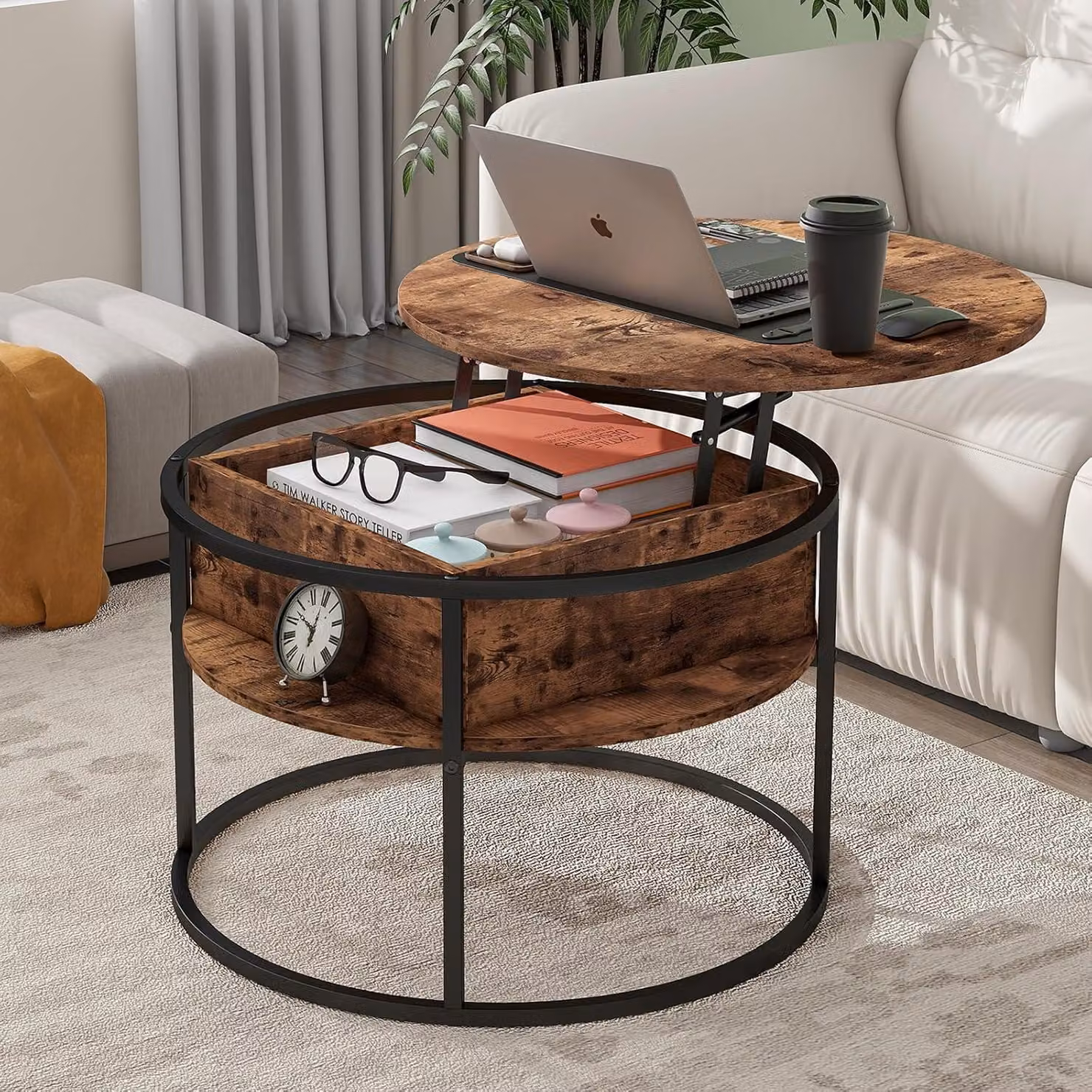 HOJINLINERO Tavolino da caffè rotondo altezza regolabile Hidden Storage Lifting Top Soggiorno Ufficio