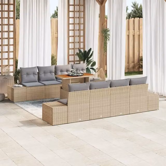 Set Divano da Giardino a Forma di U vidaXL in Rattan Beige con Cuscini e Tavolino da Esterno