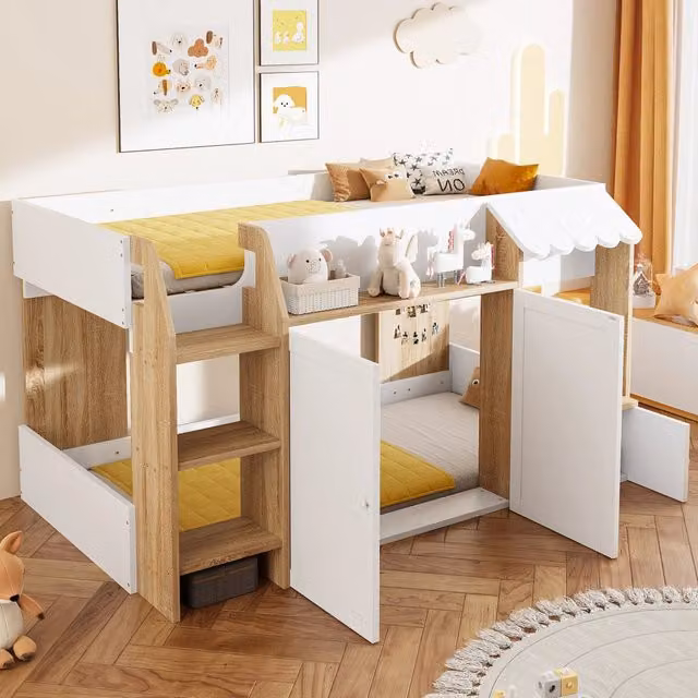 Letto a castello per bambini REDOM in legno e MDF bianco e beige con struttura a casetta, scala e vano inferiore, L/P/H: 200 x 90 x 160 cm