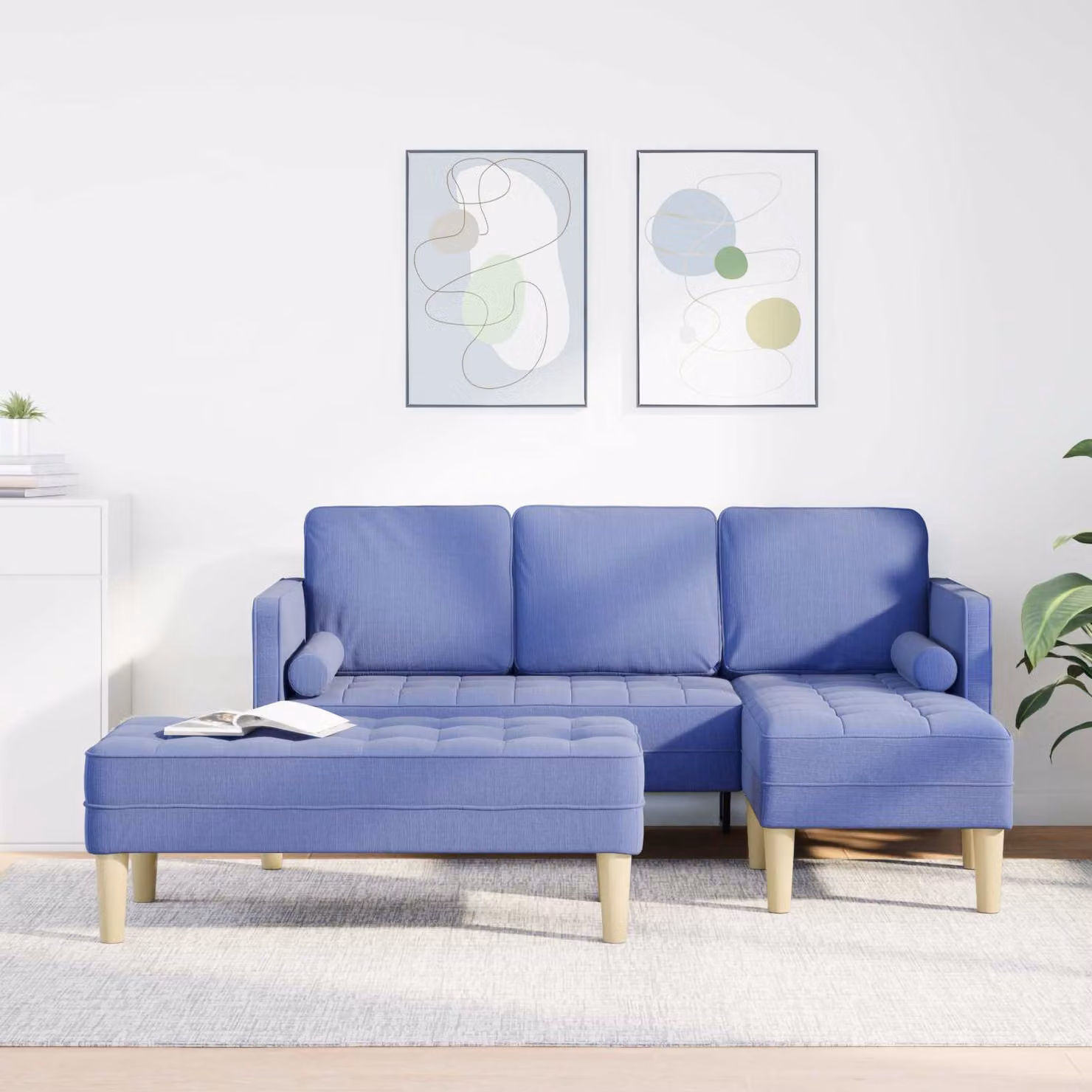 Set di divani angolari L-shape vidaXL in tessuto reversibile, Blu e Beige, con cuscini inclusi