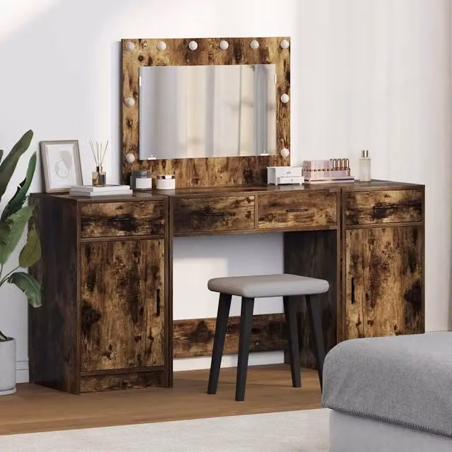 Set da trucco moderno vidaXL con specchio LED in marrone, L: 78,5 cm, P: 41 cm, H: 135 cm