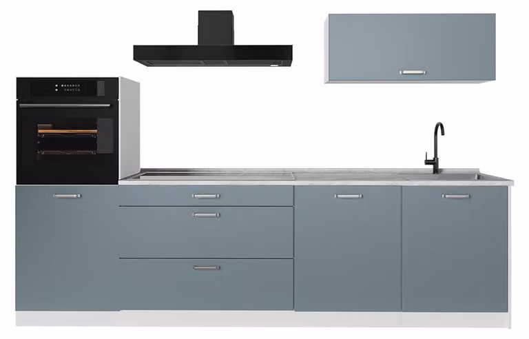 Cucina componibile Vicco R-Line Grigio-blu/Bianco 280 cm piano di lavoro Marmo, Model 67275