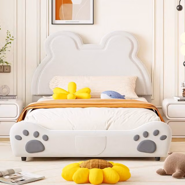 Letto imbottito KOMHTOM in velluto bianco per camera da letto e bambini L: 140 cm, P: 200 cm, H: 103 cm