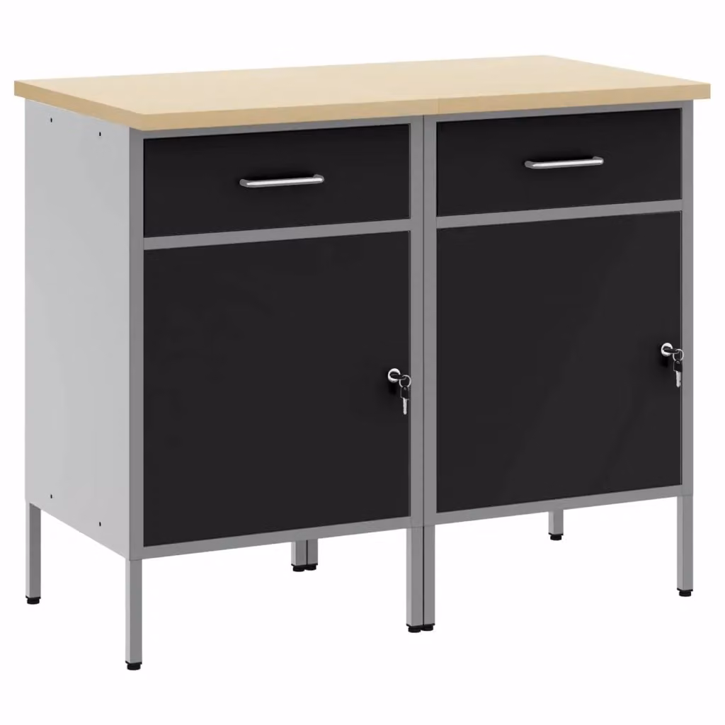 Set di 2 mobili da lavoro con blocco vidaXL in acciaio e legno, Nero e Grigio, L 100 x P 55 x H 85 cm – 2