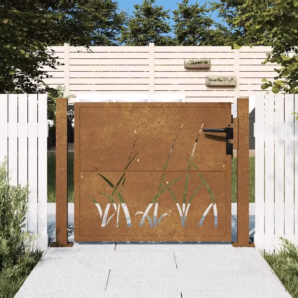 Cancello singolo da giardino in acciaio Corten color marrone con design erba CFW5990832 L: 110 cm, H: 80 cm, P: 10 cm – 2