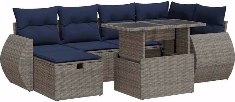 Set Divani Giardino 7 pz con Cuscini Grigio Polyrattan Acacia