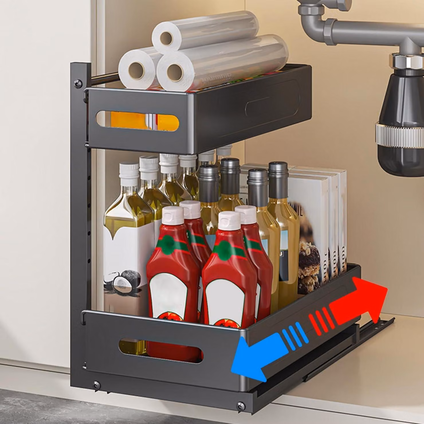Organizzatore per mobile basso, 2 ripiani, metallo, nero