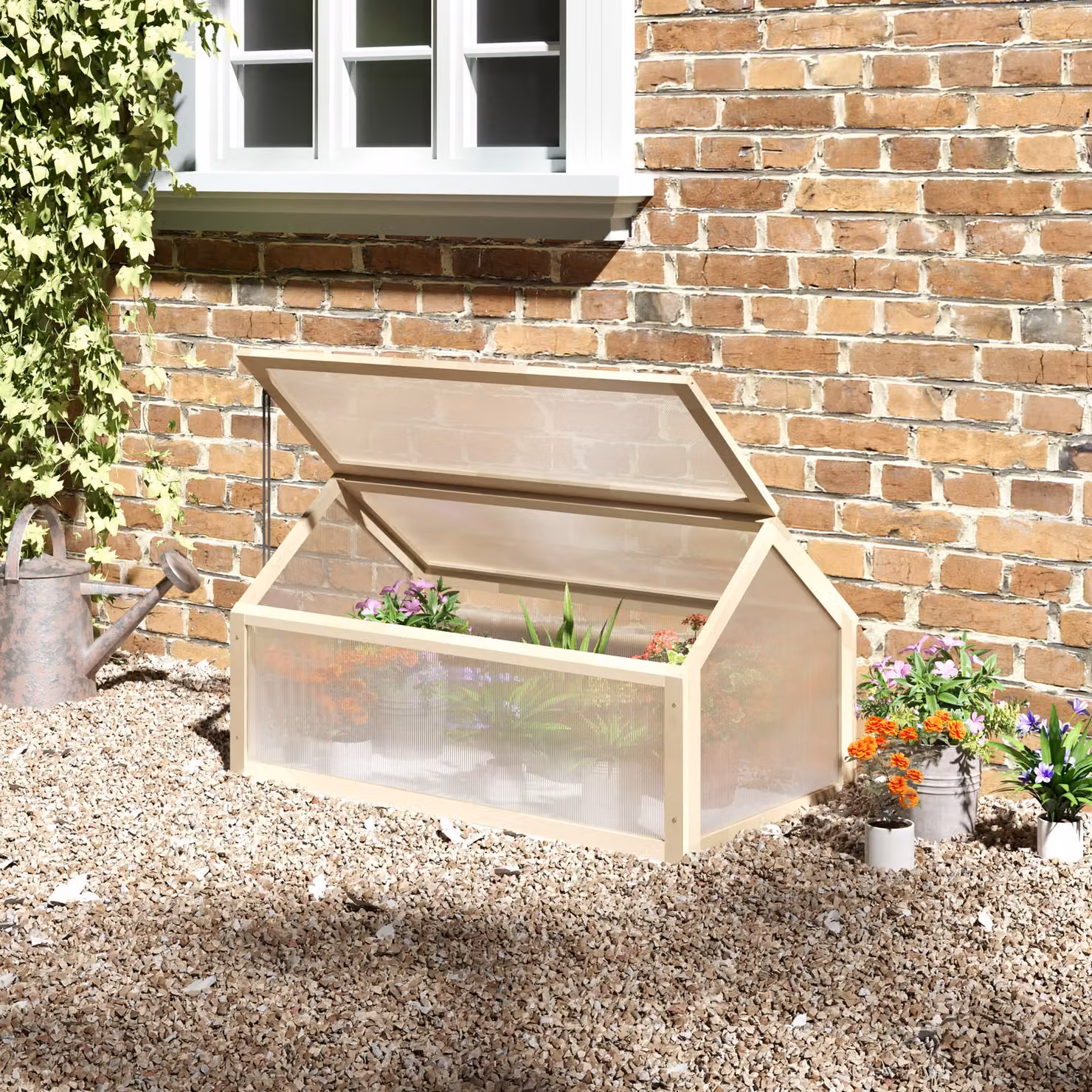Mini serra compatta Outsunny in legno naturale con pannelli in policarbonato e apertura di ventilazione, L 90 cm x P 52 cm x H 49,5 cm – 2