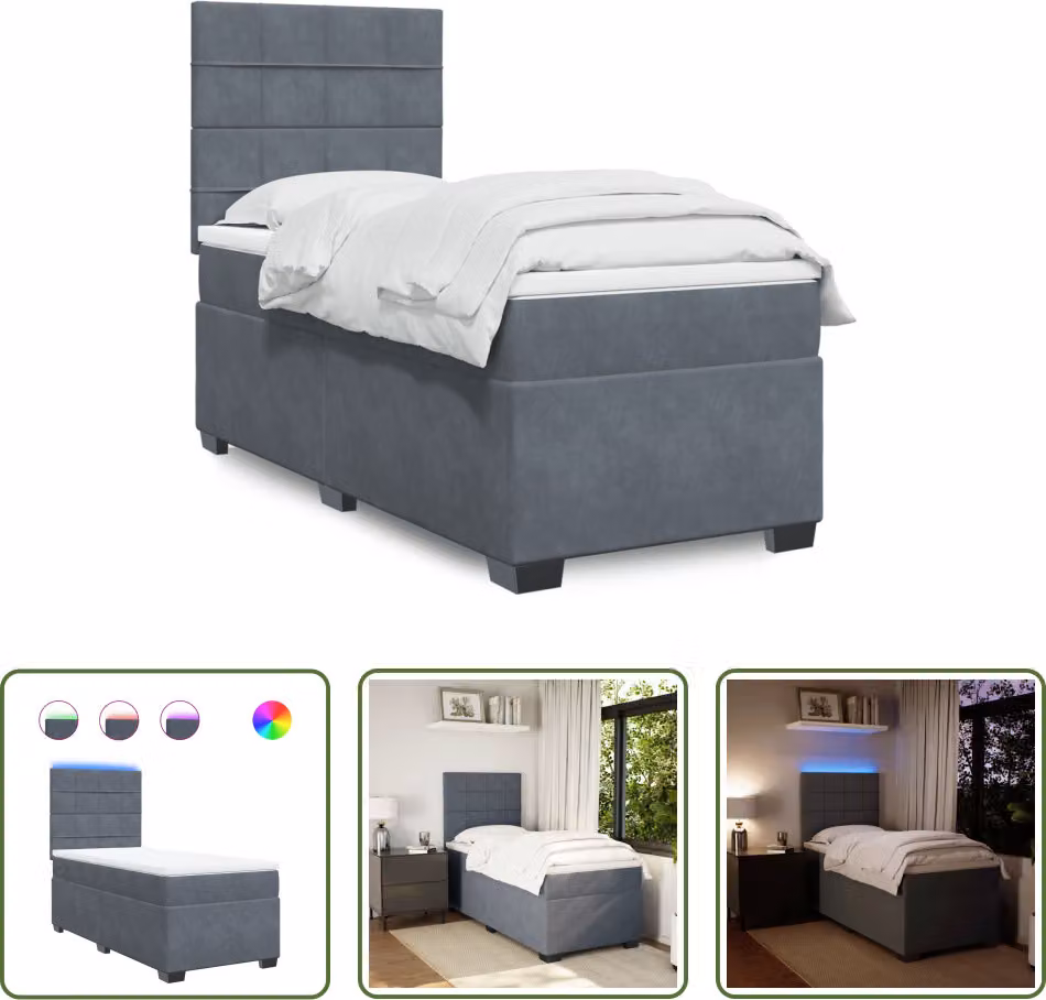 The Living Store Letto a molle con materasso grigio scuro 90x190 cm in velluto
