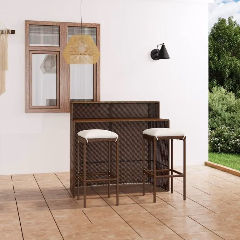 Set Bar da Giardino vidaXL in Rattan e Metallo con Cuscini Marrone 3 Pezzi