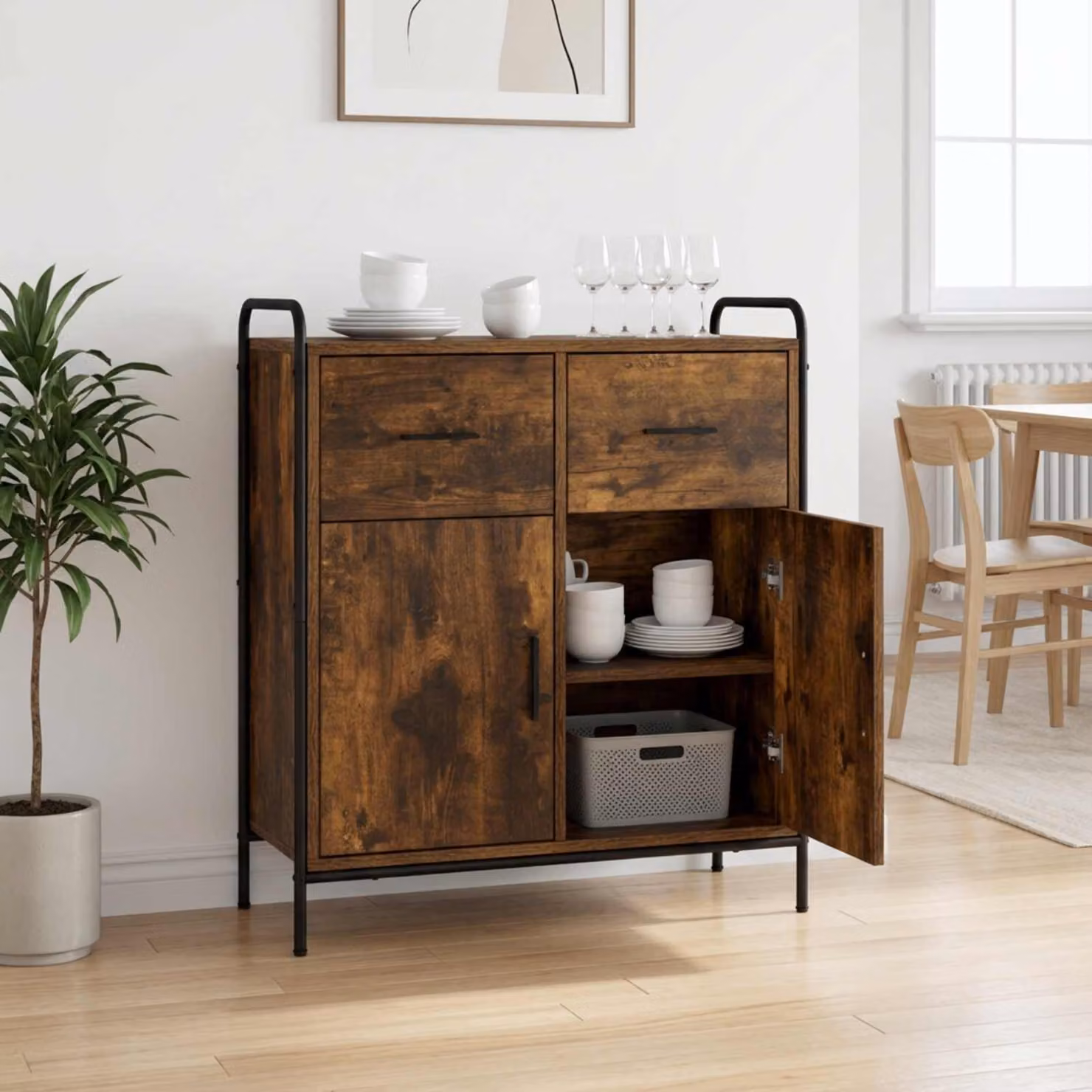 Credenza moderna vidaXL in legno ingegnerizzato e metallo, colore marrone, L 97 x P 33 x H 81 cm