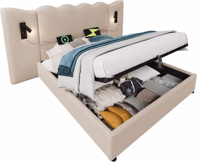 Letto contenitore matrimoniale 160×200 cm con lampada da lettura, USB e tipo C, materasso incluso, in lino beige