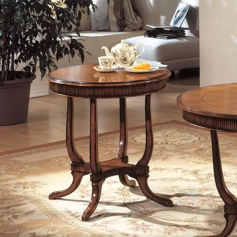 Tavolino rotondo inglese Bassano in legno massello intarsiato con decoro floreale Mobili 2G L: 70 cm, P: 70 cm, H: 74 cm – 2