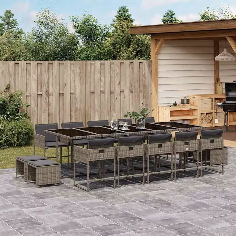 vidaXL Set da Pranzo da Giardino 15 pz in Polyrattan con Cuscini Grigio e Nero e Piano in Vetro