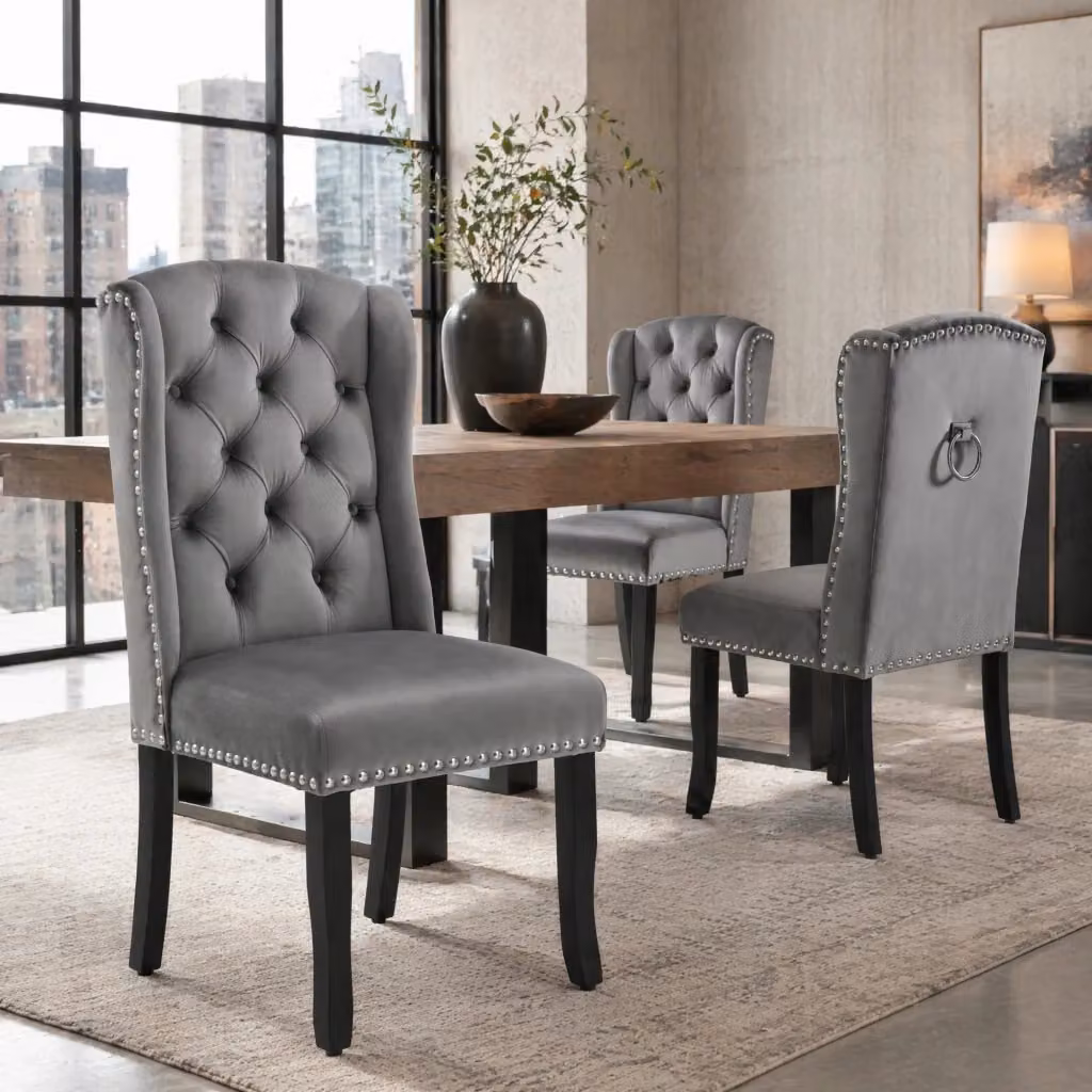 Set di 2 sedie da pranzo moderne MODFU in velluto grigio con gambe in rovere e schienale curvo – 2