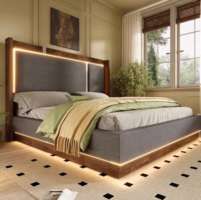 Letto imbottito 160x200 cm con contenitore e LED in lino; legno grigio e noce