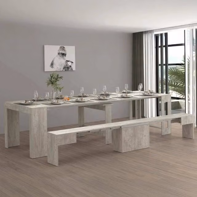 Set tavolo e sedie Badenia con consolle e panca allungabile, composizione multiuso moderna in colore cemento per cucina e sala da pranzo