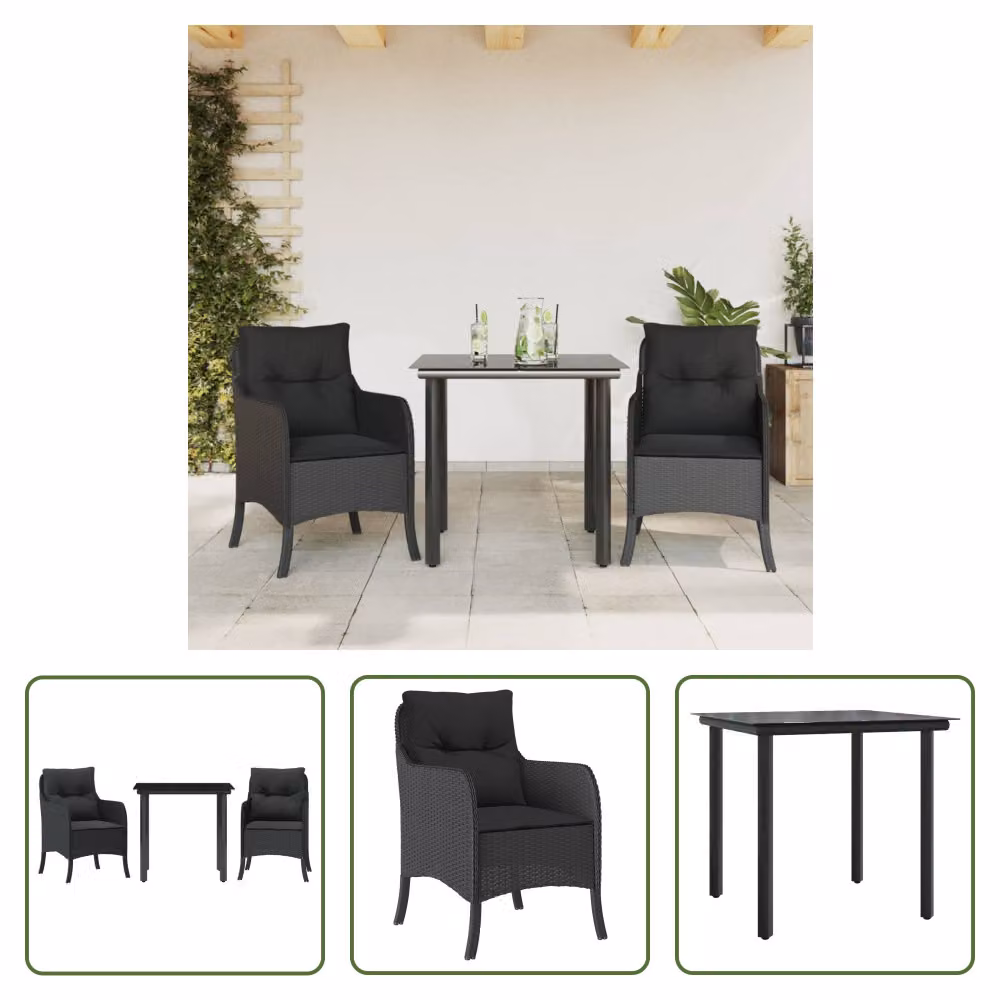 The Living Store Set da pranzo da giardino in 3 pezzi con cuscini in poly rattan nero