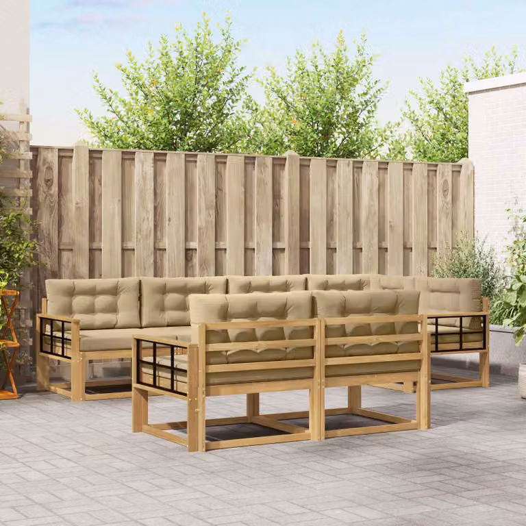 Set di divani da esterno a forma di U vidaXL in legno di acacia con cuscini, Bianco, Beige e Marrone