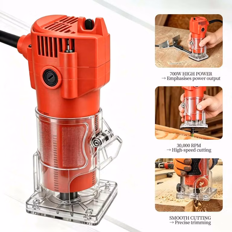 Fresatrice portatile elettrica AIORBER, 700W, 30000 giri/min, fresa per bordi da 6,35 mm, con base trasparente, ideale per la lavorazione del legno, disponibile nei colori: rosso e nero