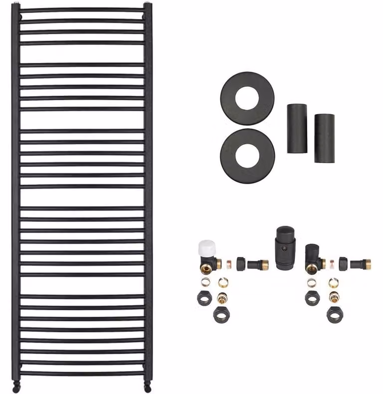 Set radiatore per bagno Stefano - riscaldamento centralizzato - attacco laterale - 943W - nero opaco - 1710x650 mm
