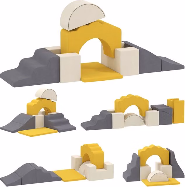 Set 7 Pezzi Percorso Motricità Bambini Blocchi in Gommapiuma Educativi Modulari Velluto Lavabile Base Antiscivolo Giallo