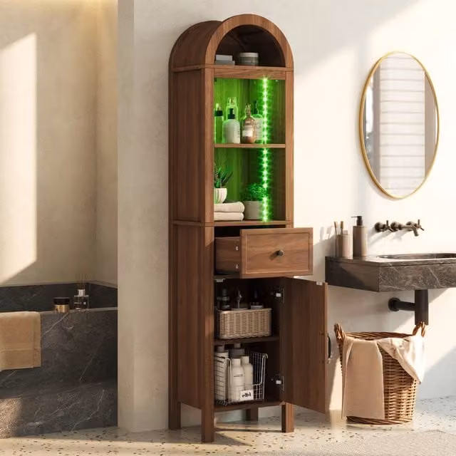 Armadietto da bagno alto con LED RGB e porta reversibile con cassetto e ripiani regolabili in MDF noce 40 × 30 × 163 cm