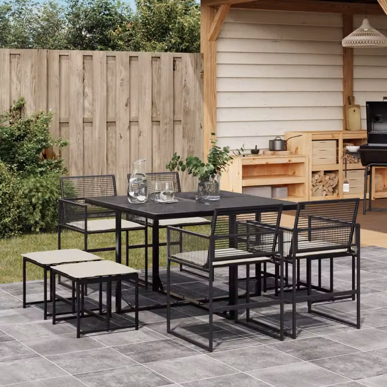 Set da Pranzo da Giardino vidaXL in Polyrattan Nero con Cuscini e Tavolo in Vetro, 9 Pezzi