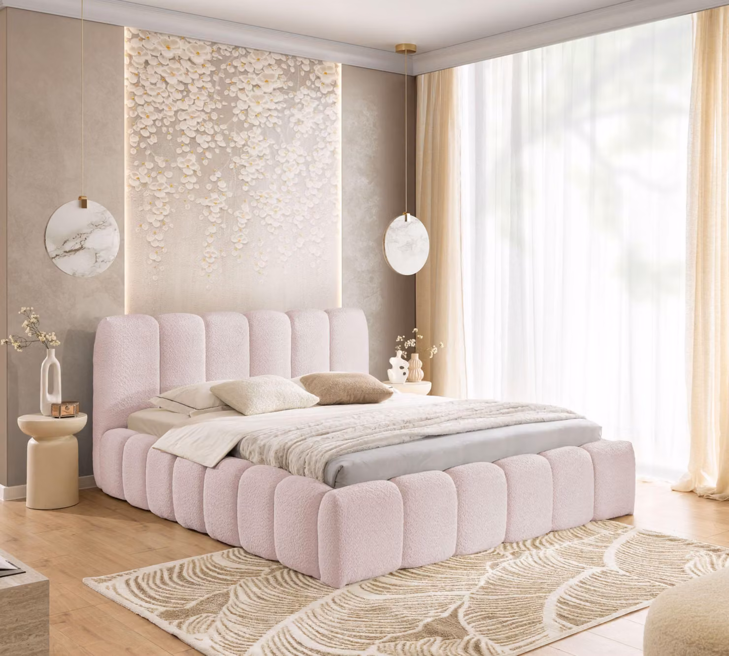 Letto imbottito MIA 140x200 - letto con rete, letto a bolle, letto matrimoniale con contenitore e rete a doghe, camera da letto - rosa cipria