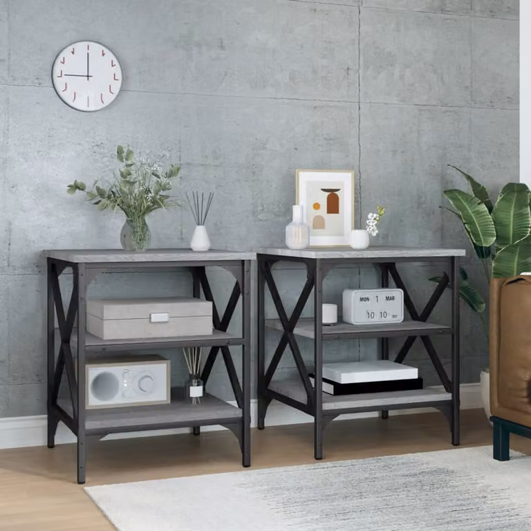 Set di 2 tavolini vidaXL in legno e metallo, colore grigio, stile industriale, L/P/H: 40 x 42 x 50 cm