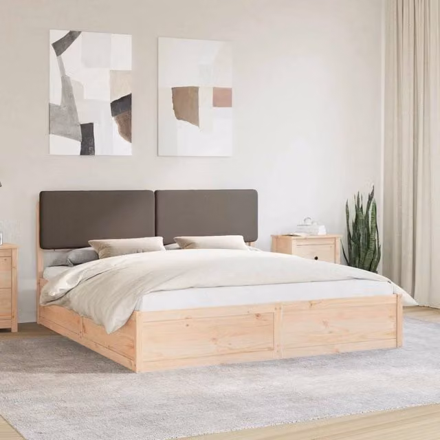 Letto con Testiera Rivestita vidaXL in Pino Massello Beige e Marrone L/P: 180 x 200 cm – 1