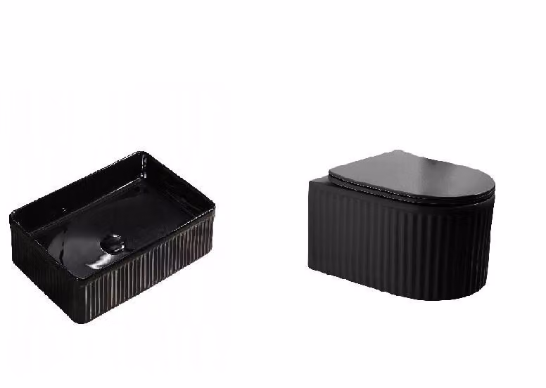 Set composto da WC nero e lavabo in ceramica da appoggio