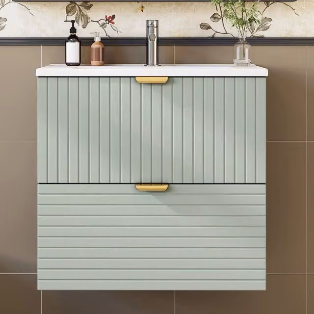 Mobile sottolavabo sospeso con lavabo integrato e 2 cassetti silenziosi, MDF laccato verde menta, 61 × 46 × 57 cm