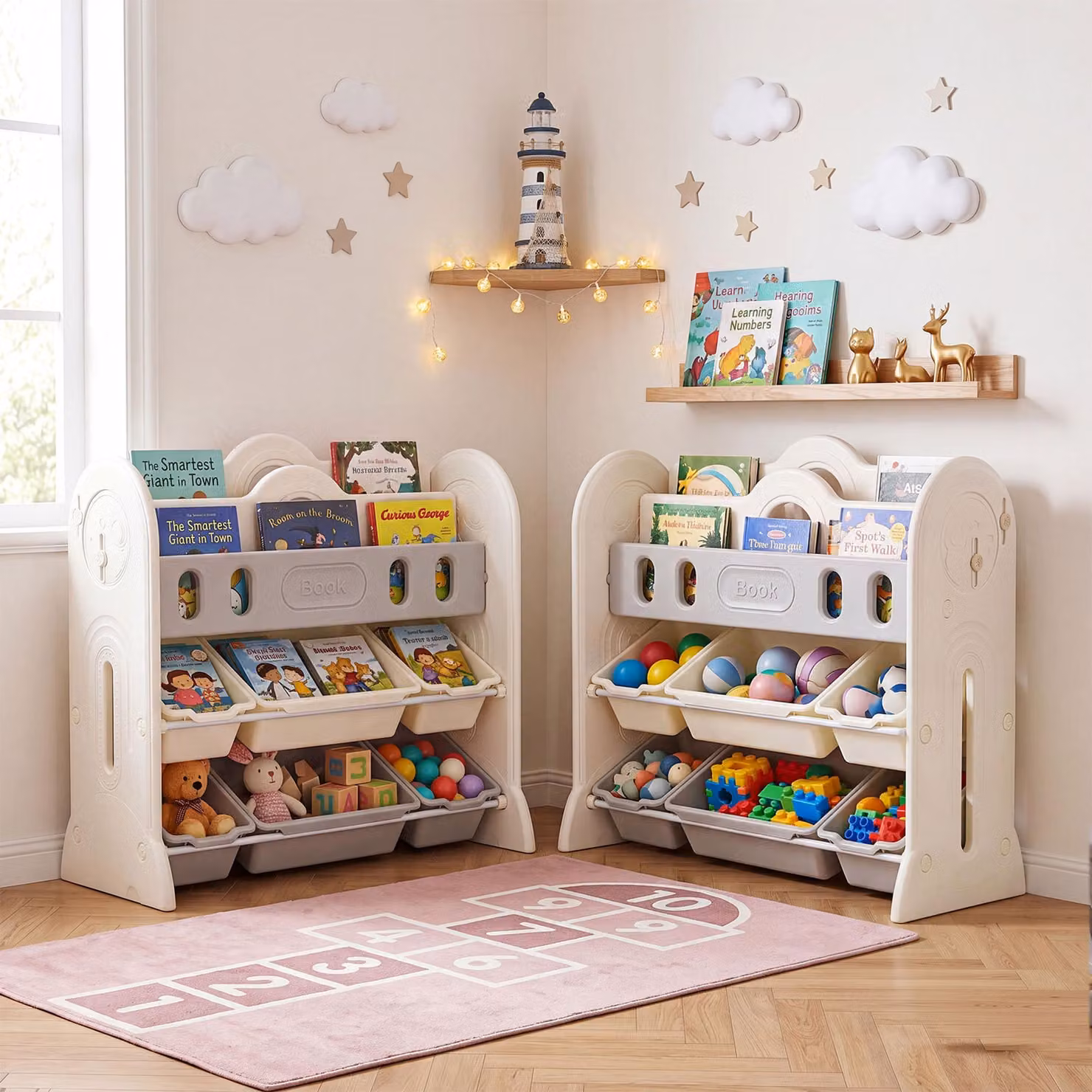 Scaffale portagiochi Costway in plastica HDPE bianco con libreria a 4 livelli, ripiani regolabili e 6 contenitori rimovibili per cameretta, soggiorno o studio