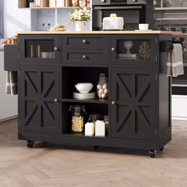 Carrello da cucina moderno REDOM nero con piano ribaltabile in MDF e metallo L/P/H: 140 x 70/40 x 93,5 cm