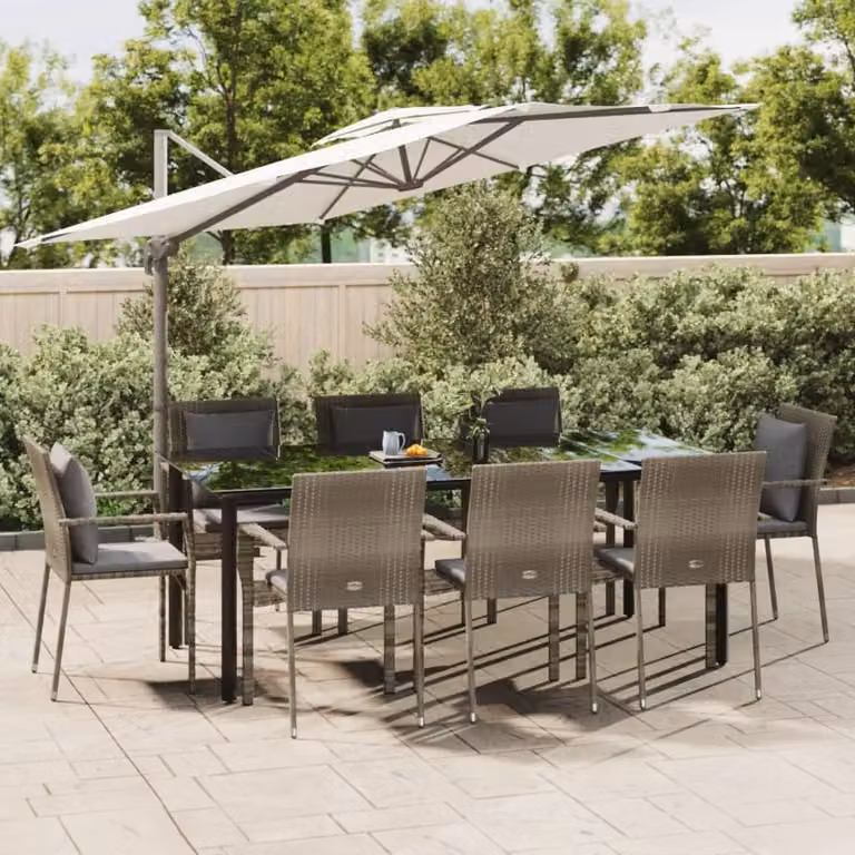 The Living Store Set da pranzo da giardino 9 pezzi con cuscini in poly rattan nero e grigio
