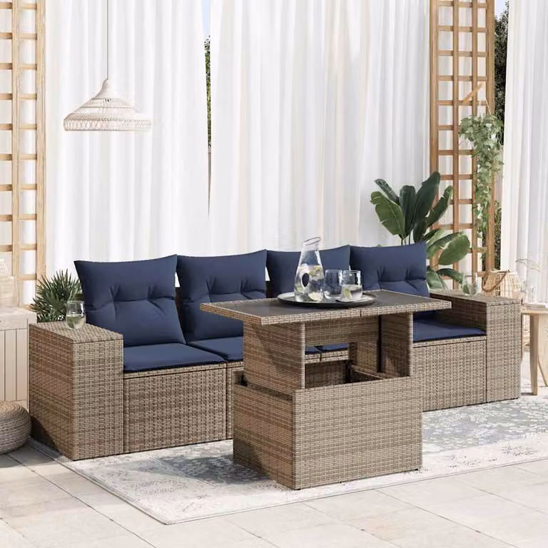 Set Divano da Giardino vidaXL 5 Pezzi in Polyrattan con Cuscini e Tavolino, Grigio e Blu con Struttura in Acacia e Metallo